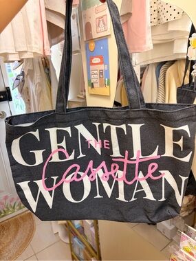 The Cassette Black Grey Canvas Tote Bag - Pink Script